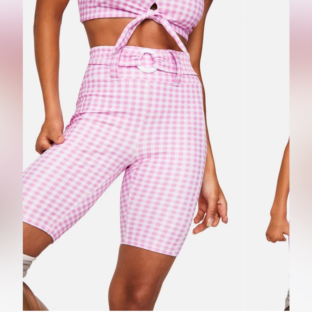 Gingham Belted Biker Shorts Pink